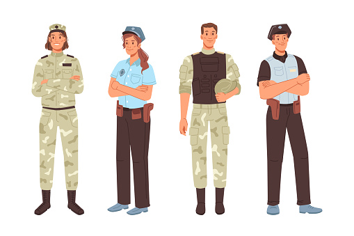 Police and military officer isolated men women cartoon characters. Vector army workers professions man and woman in defense uniform. Commander patrol swat people, policeman sheriff in protective vest